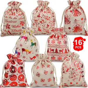 Metálico Natal Drawstring Gift Bags Serapilheira Bronzing Gift Pouch linen Bag Treat Goody Bags for Candy Wrapper