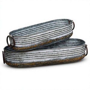 Oval Metal <b>Planters</b> Industrial Style Rustic Finish With Handles Outdoor Decorative Containers - Product Image 1