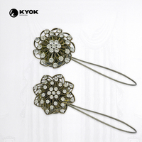 Attache de rideau élastique dorée en forme de fleur creuse avec strass