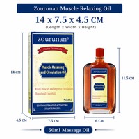 Huile de massage relaxante pour les muscles Zourunan 50ml, flacon en verre ambré 14x7.5x4.5cm, boîte, confort cutané externe, vente en gros, OEM, marque privée