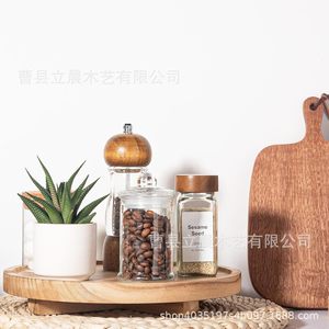 Wooden Round Decorative <b>Tray</b> For Kitchen Condiment <b>Storage</b> Multifunctional Varnished Standing Type - Product Image 1
