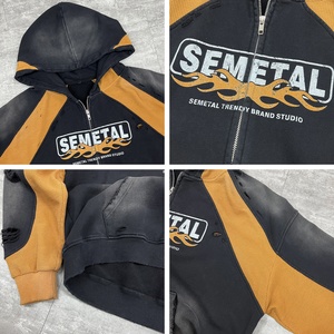Hoodies zippés courts en molleton bouclette premium, imprimés, effet délavé, coupe ample, style vintage, pour hommes, surdimensionnés et usés - Product Image 3