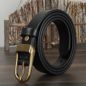 Cinturón de Cuero Genuino de Grano Completo para Mujer, Cinturón Casual de Piel de Vacuno Negra con Hebilla de Latón Antiguo - Product Image 1
