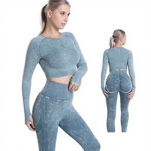 Ready Stock! Women's Knitted Seamless Fitness <b>Tops</b> Elastic Waist Quick Dry 2-Piece Set Sports Running Long-Sleeved Yoga Clothes - Product Image 3