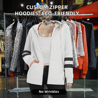 Sweat-shirt à capuche zippé blanc pour femme avec rayures noires sur les manches, veste décontractée en tricot à manches longues, respirante, pour l'automne
