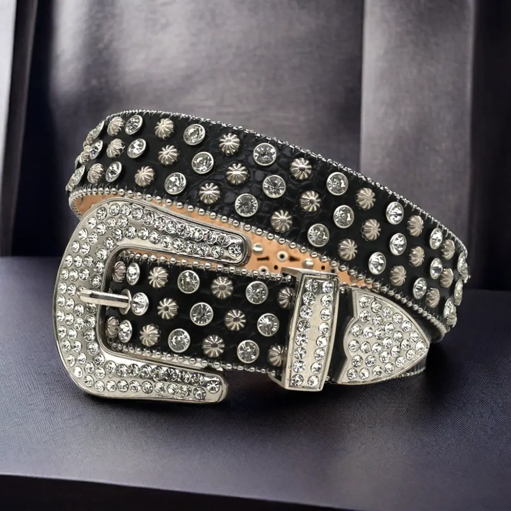 Ceinture classique occidentale pour hommes avec strass en cristal clouté de diamants Ceintures personnalisées de créateur de mode punk en cuir PU