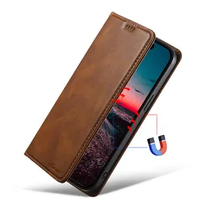 Wholesale magnetic flip wallet card holder phone cover for iphone 15 13 genuine real leather case with stand