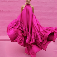 Robes maxi pour femmes, douces, d'automne, écologiques, taille naturelle, teintes unies, sans manches, à volants, couleur unie, col montant