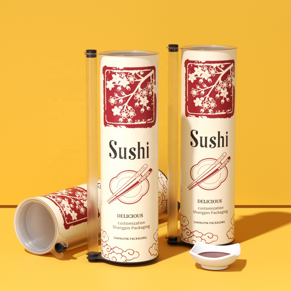 Custom Biodegradable Size Design Printed Food Grade Sushi Paper Tube Cylinder Paper Canister Push up Tube Packaging