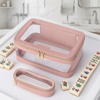 Sac de Mahjong Rose Grande Capacité, Durable, Portable, Transparent en TPU, Étanche avec Fermeture Éclair – Accessoire Familial de Qualité Supérieure