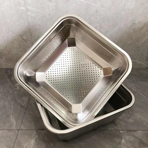 Stainless Steel Square Drain Basket Set Perforated Vegetable Washing Basin Kitchen Colander Strainer 201 Steel - Product Image 1