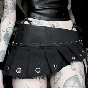 Streetwear Gothic Studded Mini <b>Skirt</b> for Women, <b>Low</b> <b>Waist</b> Asymmetrical Pleated <b>Skirt</b> with Ring Detail - Product Image 5