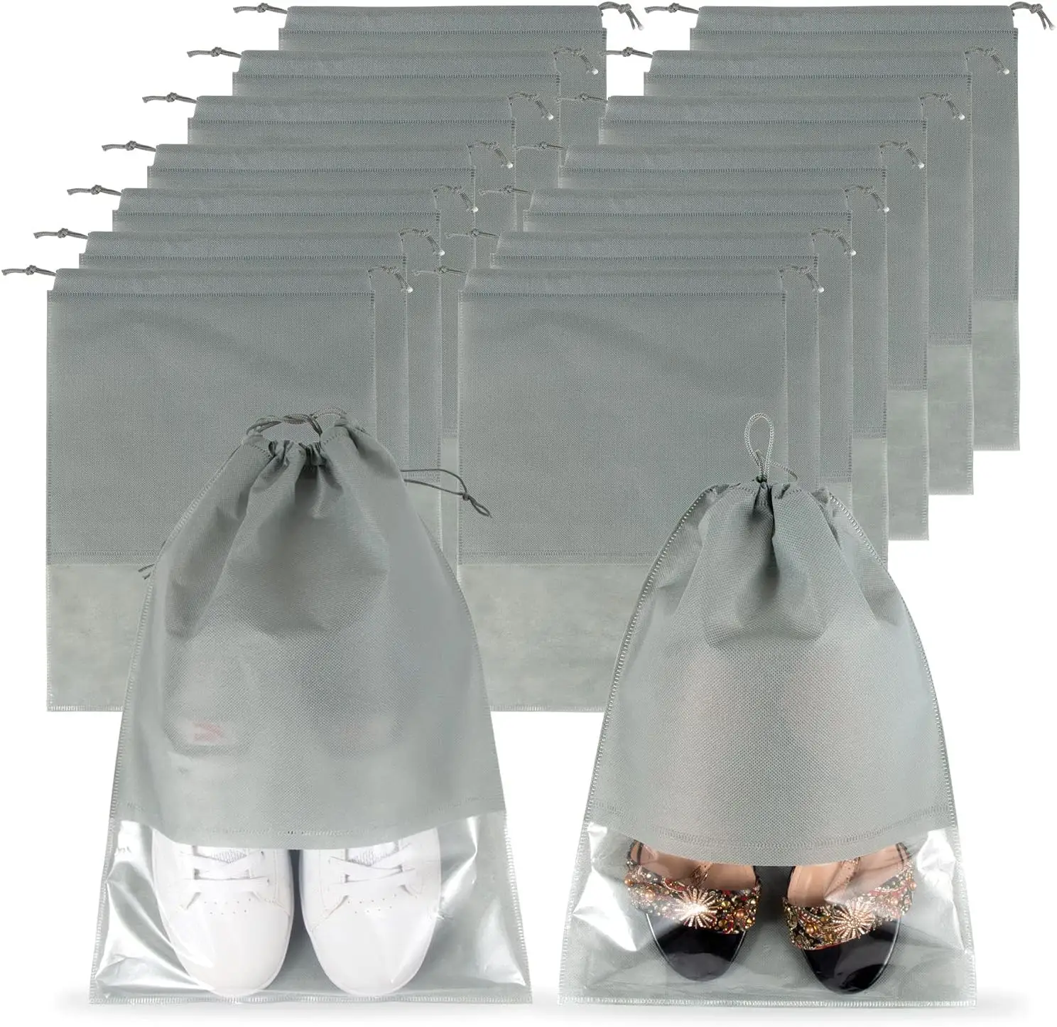 Saco de sapatos de viagem leve reutilizável com cordão não tecido saco de armazenamento de sapatos à prova de poeira com janela transparente