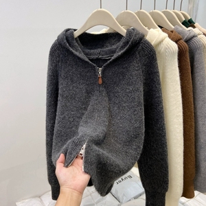 여성용 후드 니트 가디건 지퍼업 긴팔 크림 솔리드 컬러 가죽 지퍼 풀 캐주얼 아우터웨어 - Product Image 5