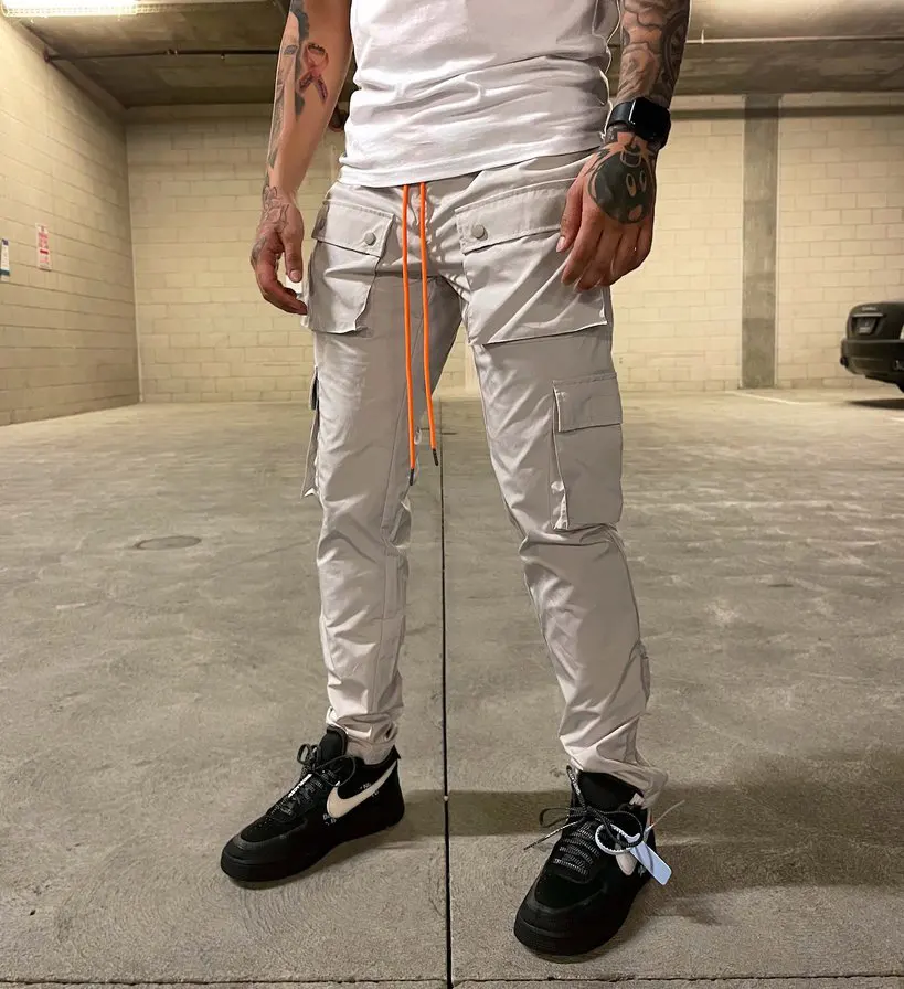 2021 Custom Men Casual Utility Grey Trousers Long Orange Drawcord Elastic Head Men's Straight Tapered 6 Pocket Cargo Pants