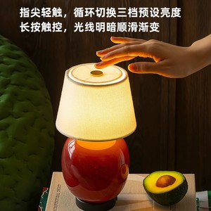 Retro Red Ceramic Desk <b>Lamp</b> Touch Control Rechargeable Cordless <b>LED</b> <b>Light</b> Warm Three Color Nordic Style Bedroom Ambient Lighting - Product Image 5