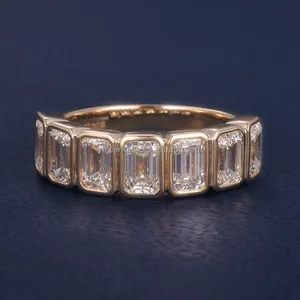 Custom 9K 10K 14K 18K Solid Filled Gold 5*3mm D VVS Emerald Cut Moissanite Eternity Wedding Band Ring For Women