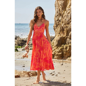 Nuovo Stile Abito da Spiaggia per le Vacanze con Scollo a V, Stampa Floreale, Senza Maniche, Plissettato, Abito <span class=keywords><strong>Midi</strong></span> alla Moda con Lacci - Product Image 1
