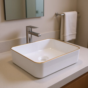 Lavabo Rettangolare in Ceramica Bianca 16x12 Pollici con Bordo Placcato Oro, Design Contemporaneo - Product Image 2