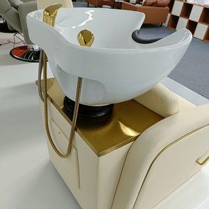 Fauteuil de lavage de luxe moderne pour salon de coiffure, noir et or, avec bac en céramique, inclinable manuel, pour spa capillaire - Product Image 4