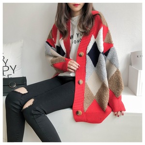 Femmes automne hiver 2023 manches bouffantes chandails décontracté ample col en v simple boutonnage <span class=keywords><strong>Plaid</strong></span> Cardigans - Product Image 2
