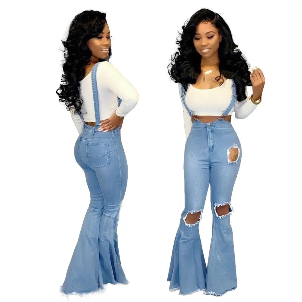 KHS2093 New Fashion sexy Knee loch hohe taille flare wide bein denim overalls jeans