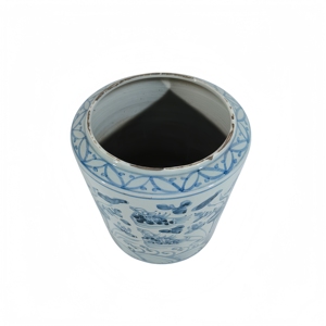 Pot cylindrique droit peint à la main avec motif de lotus bleu et blanc et de canards mandarins - Product Image 2