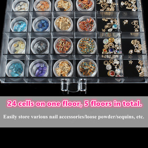 Boîte de rangement pour ongles en acrylique à 5 couches et 120 compartiments, rose, avec strass carrés, 10 pièces, pour accessoires de nail art DIY et salon - Product Image 4