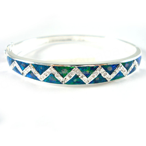 925 Sterling Silver Australian Opal <b>Bangle</b> Fashionable <b>Gold</b> & Rhodium Plated for Gift or Party Opal Jewelry Set - Product Image 1