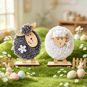 Woolly Sheep Figurine Wood Head Felt Fluffy Lamb Tabletop Decor Farmhouse Rustic Shelf Mantel Desk Ornament - Product Image 2