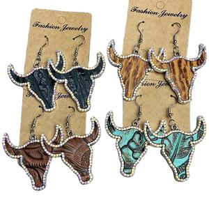 2025西部の流行のジュエリーテキサスロングホーンツーレザーカウブルスカルの新作コレクションイヤリング女性用ラインストーン - Product Image 2