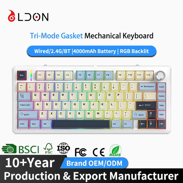 OEM Custom Logo 75% Layout Hot Swappable Tri-Mode RGB Backlit 2.4Ghz Wireless Full Size Mechanical Keyboard Knob PC Gaming Brand