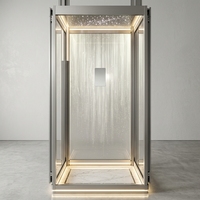 Porte télescopique murale panoramique personnalisée en verre trempé, cadre en alliage d'aluminium, éclairage LED d'ambiance, plafond, sol en grain de bois, ascenseur de villa