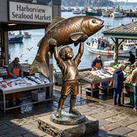 Statue de petit garçon tenant une carpe géante en bronze antique pour la décoration du pont d'un restaurant de marina, statue en bronze