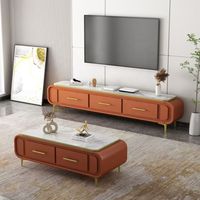Ensemble de meuble TV et table basse de luxe moderne avec panneaux en bois et plateau en verre pour salon d'appartement, mobilier de maison