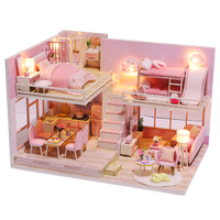 Kit de Casa de Muñecas de Madera Ensamblado a Mano, Casa de Muñecas Rosa con Tobogán y Luces LED, Miniatura de Casa de Muñecas, Regalo de Cumpleaños para Niñas