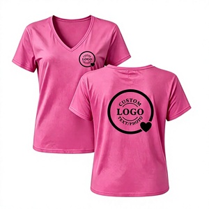 Custom Logo Pink V-Neck Women's T-Shirt Short Sleeve Quick Dry Polyester Casual Solid Color Front Print Design - Product Image 1