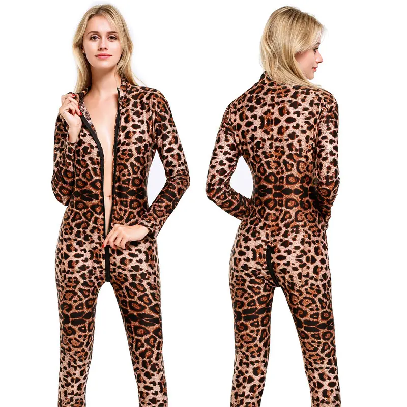 Leopard grain double pull head zipper jumpsuit sexy transparent appeal underwear underwear