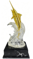 Trophée Métallique Personnalisé en Gros, Statue de Poisson Épée, Placage Or Miroir, Pose en Saut, Base en Cristal, Trophée de Récompense pour Achievement d'Entreprise