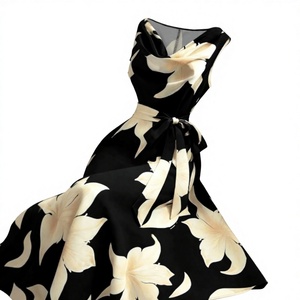 Abito Lungo Vintage Europeo-Americano da Donna, Senza Maniche, Stampato, con Cintura a Fiocco, Vita Alta, Silhouette a Linea A, per il Tempo Libero - Product Image 1