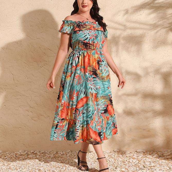 Plus Size Tropical Evening Wear Off Shoulder Plus Size Luau Party