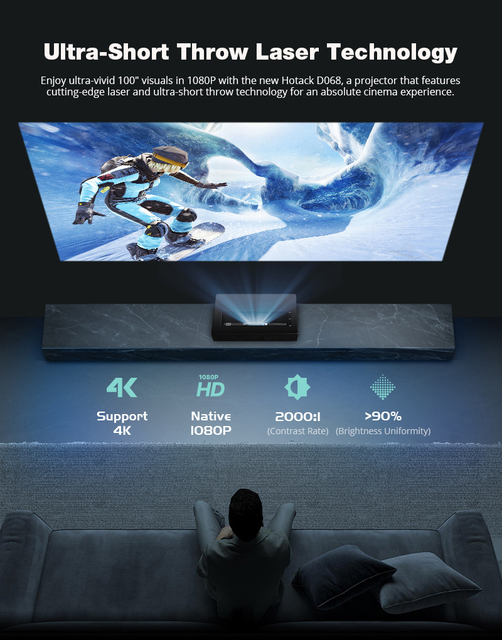 US Top Selling D068 Full HD 1080P DLP Laser Short Throw 3D Projector Mini Smart Android 11 650 ANSI Lumens WIFI6 for 5.2
