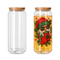 Gobelet en verre à double paroi de 15 oz (450 ml) pour sublimation, avec couvercle en bambou, transparent, pour impression personnalisée, thème Noël, effet globe de neige