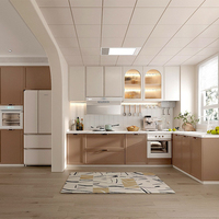 Meubles de cuisine modernes modulaires en mélamine ignifugée en forme de L avec plan de travail en marbre, évier et robinet pour petits appartements