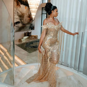 Золотистые иллюзорные платья-русалки для выпускного вечера 2026 с цветочным узором и кристаллами, вечерние платья для вечеринок, на второй день рождения, для помолвки - Product Image 1