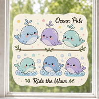 Autocollants personnalisés imperméables en PVC vinyle, motif baleine et vague océanique Kawaii, autocollant décoratif électrostatique imprimé UV pour fenêtre et verre