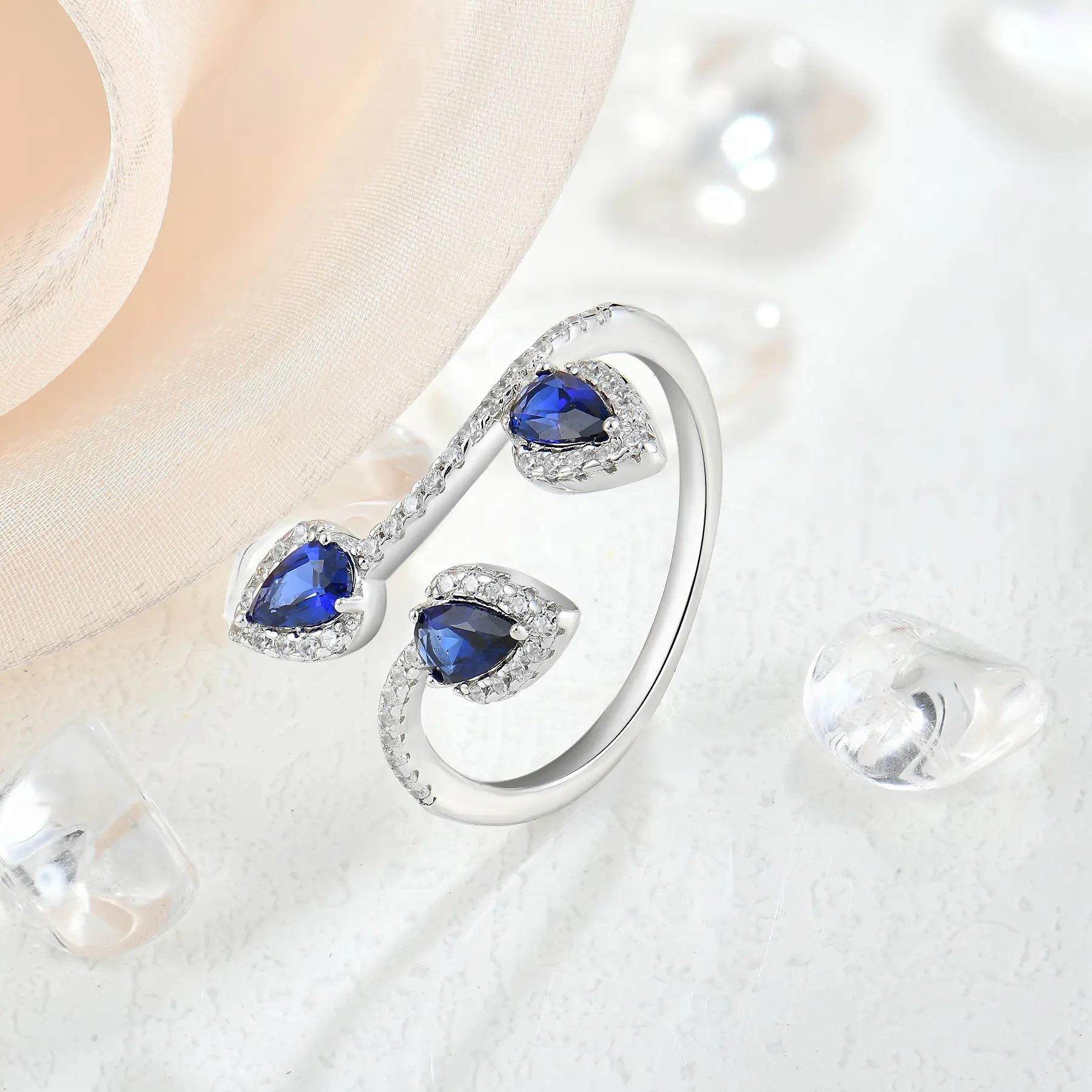Simple 925 Sterling Silver Jewelry Droplet Sapphire Zirconia Adjustable Open Ring Suitable for Women
