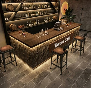 Aménagement intérieur personnalisé pour pub industriel |   Comptoir de bar vintage, présentoir à vin en bois et métal, mobilier de restaurant - Product Image 1