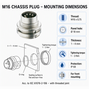 ขั้วต่อวงกลม M16 IP68 แบบเสียบตัวเมีย, ติดตั้งด้านหน้าแบบบัดกรี, 3-14 ขั้ว, IEC 61076-2-106, ของแท้รับรองจากผู้ผลิต 0314 05 (100V) - Product Image 3