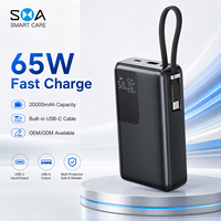 Batterie externe sans fil étanche OEM 20000mAh 65W USB-C PD à charge rapide avec câble Type-C intégré et écran numérique pour ordinateur portable et téléphone